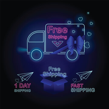 Neon Banner Set with Free Shipping, Fast Shipping and One day Shipping text, harts, truck, plane, gift box, blue bow and stylish navy blue elements for Digital and Retail Marketing