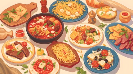 Traditional Italian dishes presented together, including pasta, meats, and rich sauces, showcasing the diversity of Italian cuisine