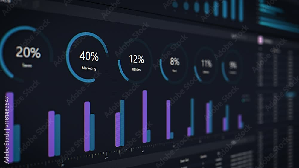 Aufkleber Interactive Business Management Software User Interface with Dynamic Charts and Analytics. Visualizing Financial Data, Strategy Optimization Tools, Intuitive and Effective Management Solution Template