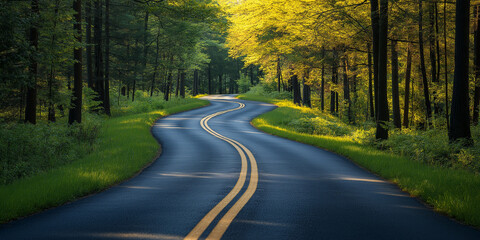 Fototapeta premium Winding scenic road lush forest nature photography early morning serene atmosphere journey through wilderness