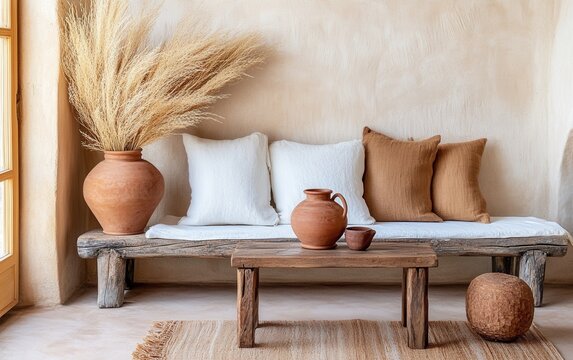 Earthy living room with clay walls and terracotta vases