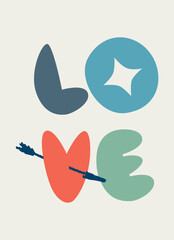 Hand-lettered word Love decorated with butterflies. Retro 60s, 70s design. Vector element for greeting card, social media post. Love, Romance, Valentines Day concept
