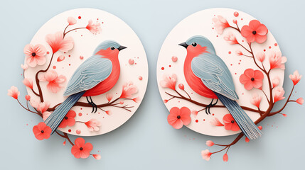 two birds on a branch of a tree watercolor spring design