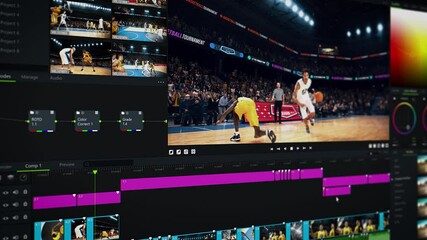 Close Up on a Screen with a Video Editing and Color Grading Software Interface with a Basketball Championship Match Project. Professional User Interface with Editing Tools for a Videographer - Powered by Adobe