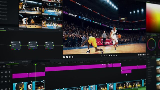 Close Up on a Screen with a Video Editing and Color Grading Software Interface with a Basketball Championship Match Project. Professional User Interface with Editing Tools for a Videographer