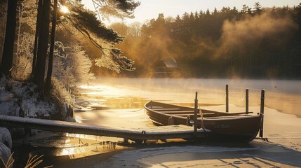 A wooden dock on the shore of an ice-covered lake