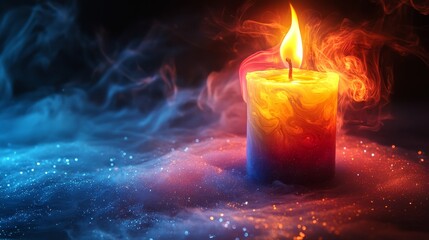 Candle flame flickers in colorful smoke during a tranquil evening setting