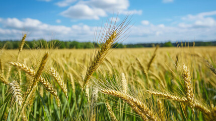 Golden wheat ears in a sunlit field under a clear blue sky