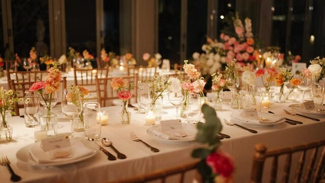 Decoration dinner set up in Thailand and tropical wedding set upWedding decor table set up candle catering dinner dish luxury event. Close up Festive fine setting white table row chair flower