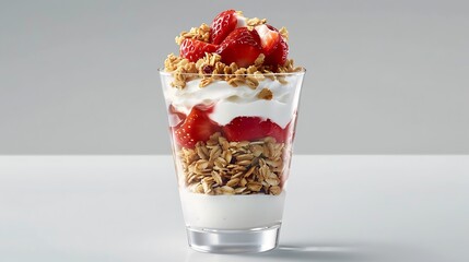 A tempting strawberry parfait layered with yogurt and granola in a clear glass