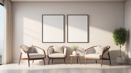 Fototapeta premium minimal living room, pearl color wall background with armchair, and blank poster frame