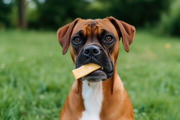 Boxer dog chewing on a piece of cheese while sitting on a grassy lawn in a sunny environment during the day