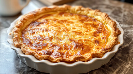 Homemade quiche lorraine with leeks swiss gruyere and soft goat cheese with scrumptious golden crust on kitchen tables. Copy space