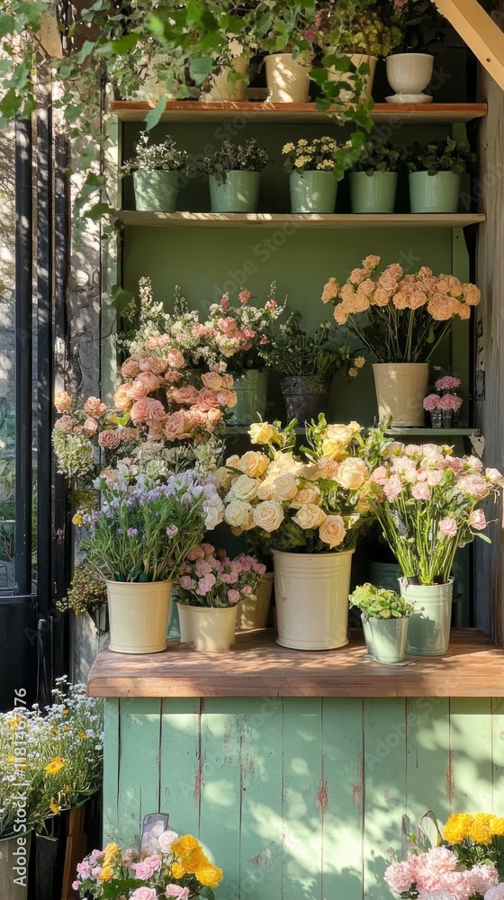 Poster delicate blooms in various hues adorn rustic shelves, softly illuminated by buttery sunlight. vibran
