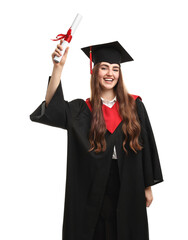 Happy student with diploma after graduation on white background