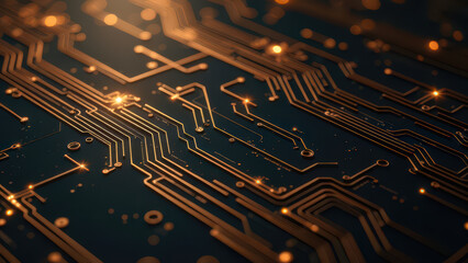 Golden electronic circuit board glowing, connecting digital networks with luminous pathways, representing technological innovation and sophisticated data transmission