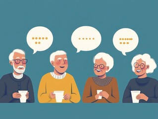 Seniors engaging in friendly conversation with coffee mugs and speech bubbles