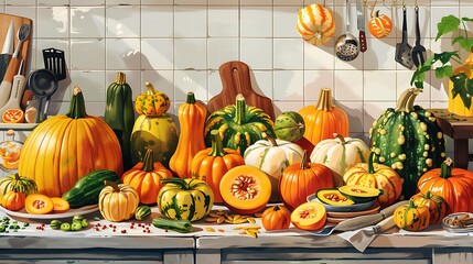 Artwork of a kitchen counter with different varieties of squashes and pumpkins, cut and whole, surrounded by cooking tools and ingredients