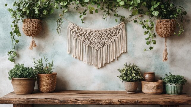 Macrame wall hanging decorated with pine branches and pinecones on wooden background