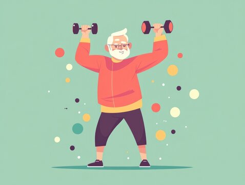 Active elderly man lifting weights in vibrant cartoon style for fitness and health motivation