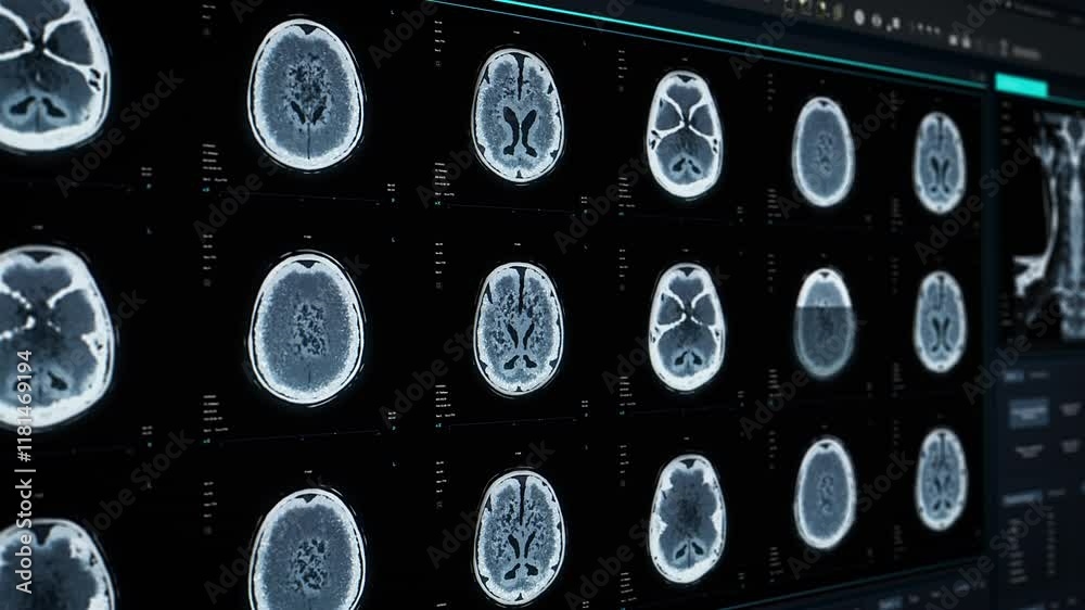 Aufkleber Magnetic Resonance Imaging Brain Scans on Multiple Windows with Data on Computer Screen. Medical Research Environment Software User Interface with Animated MRI Results of a Patient Brain