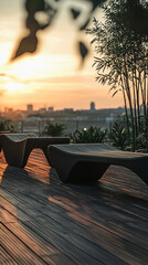 Empty Rooftop Terrace with Modular Furniture and City Skyline at Sunset