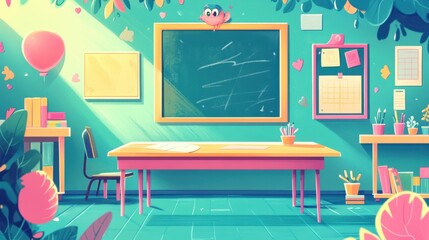 Colorful Classroom Scene With Desk Blackboard And Decorations