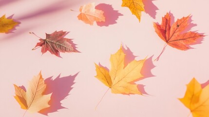 Fototapeta premium Colorful autumn leaves scattered on a soft pastel surface, showcasing their shadows under bright sunlight in a tranquil setting