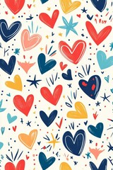 Colorful hearts, stars, and abstract shapes on white.