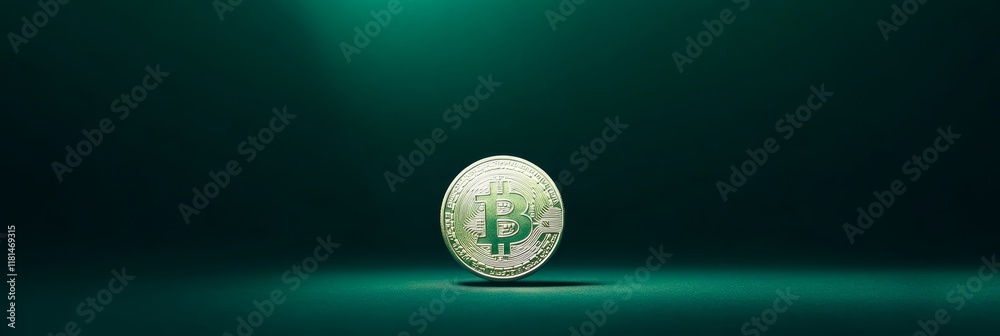 Poster golden bitcoin rotating on green background with dramatic lighting representing cryptocurrency inves
