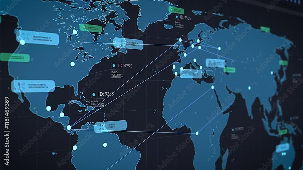 Wall mural world map logistics software with real-time data points and connections, optimizing global supply ch