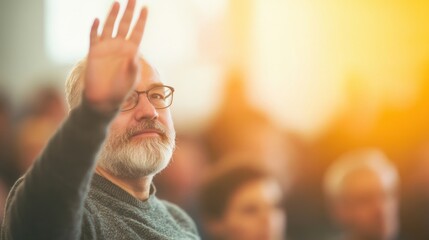 In a classroom filled with fellow students, an elderly man raises his hand, eager to share insights during an educational session