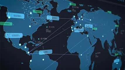 World Map Logistics Software with Real-time Data Points and Connections, Optimizing Global Supply Chain Efficiency. Internet App Visualizing Routes, Tracking Shipments and Gives Operational Insights - Powered by Adobe