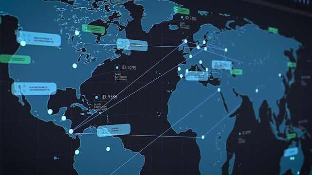 World Map Logistics Software with Real-time Data Points and Connections, Optimizing Global Supply Chain Efficiency. Internet App Visualizing Routes, Tracking Shipments and Gives Operational Insights - Powered by Adobe