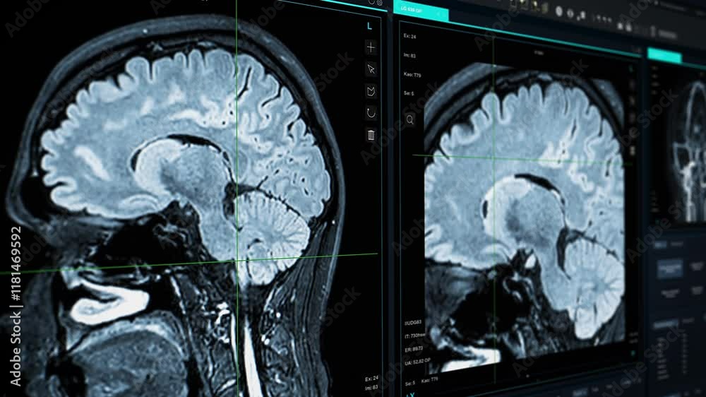 Aufkleber Detailed Brain Scans Made with Advanced MRI Software Shown on Computer Screen. Medical Visuals and Innovative Analysis Tools Show Neural Structures with Modern Imaging Technology
