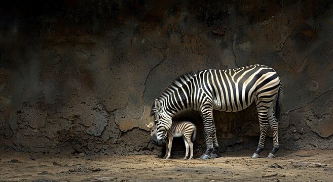 Zebra and foal resting against rocky wall, wildlife sanctuary background.