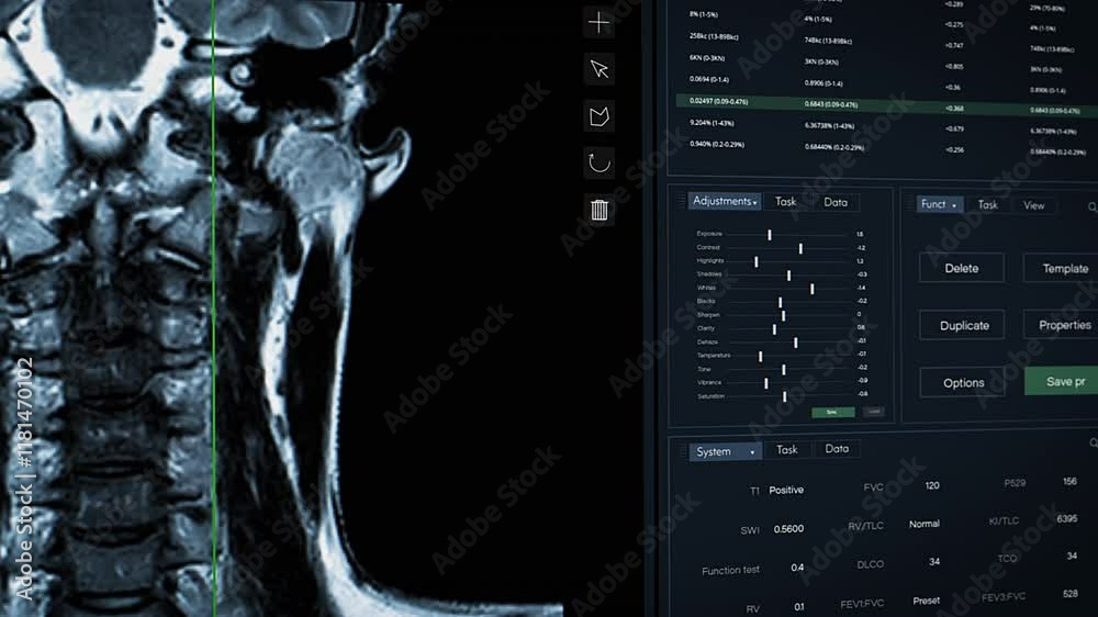 Fototapete MRI Neck and Spine Scans with Medical Data on Computer Display. Medical Research Environment Software User Interface with Animated Magnetic Resonance Imaging Results of a Patient Bone Structure