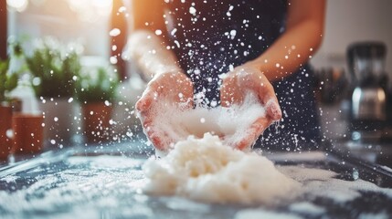 Soap Suds Symphony Hands Creating A Lather While Washing Dishes, Leaving Space for Text.