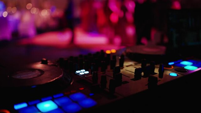 DJ presses buttons on mixing console with which music is controlled in nightclub at party, closeup. DJ plays music by pressing buttons