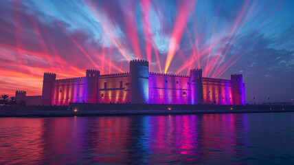 A vibrant light show projected onto a historic fort. The background is a blurry mix of cheering colorful lights