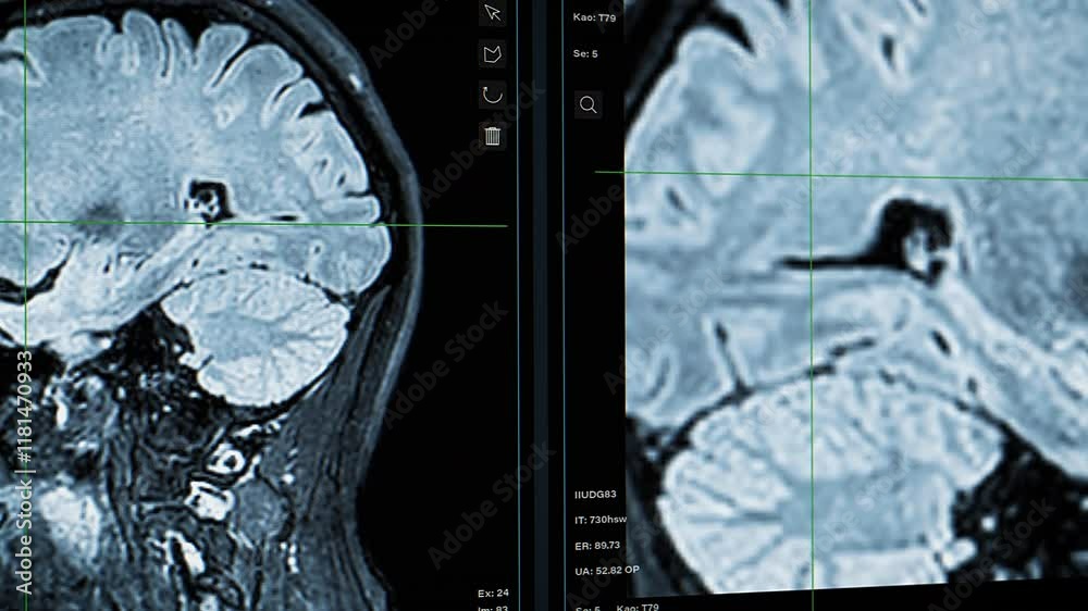 Aufkleber Medical Brain Scans Made with Advanced MRI Software Shown on Computer Screen. Detailed Visuals and Innovative Analysis Tools Show Neural Structures with Modern Imaging Screening Technology