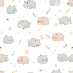Seamless pattern of baby hippopotamus cute