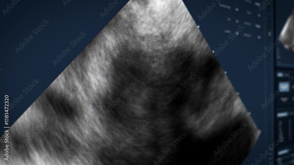 Aufkleber Computer Monitor Showing Ultrasound Imaging with Patient Organs. Advanced Medical Software Tool User Interface with a Sonogram Animation on Screen, Helping Doctors in Hospital Operations