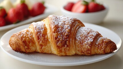 Freshly baked croissant on a simple plate with elegant decor in a cozy kitchen