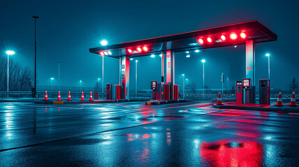 Electronic toll collection gate glowing at night, showcasing modern transportation technology and seamless automated payment systems for efficient traffic flow.