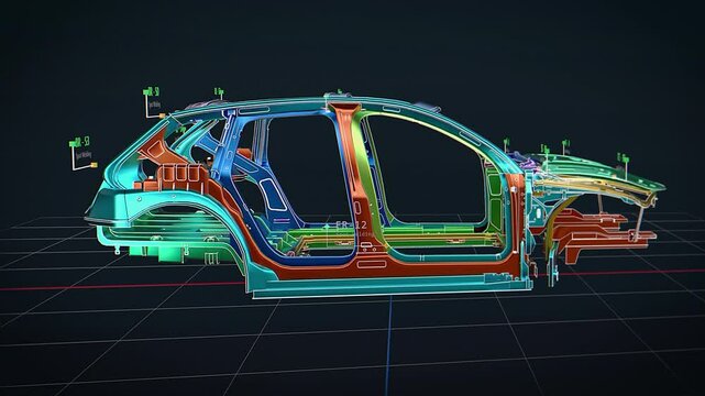 3D Graphics Visualization with Electric Car Frame Manipulate in CAD Software for Engineers. Animation of a Concept Vehicle on a Computer Screen. Professional Software for Automobile Industry