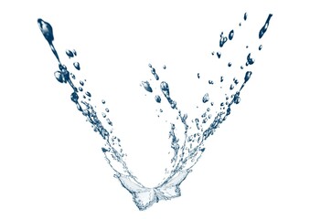 白い背景に飛び散る青い波と水しぶきの3Dイラスト