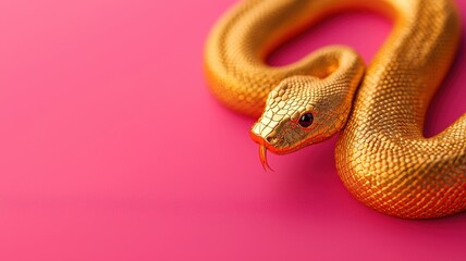 Fototapeta premium A vibrant close-up of a golden snake on a pink background, showcasing its shimmering scales and flicking tongue.