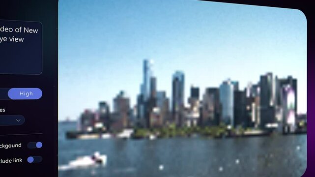 AI Video Generator with Chatbot User Interface Creating a Realistic Aerial Video of a New York City Landscape with Manhattan Island Skyline, Skyscrapers, Buildings and Business Centers