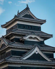 Close up to Matusmoto Castle where the roof details aver visible